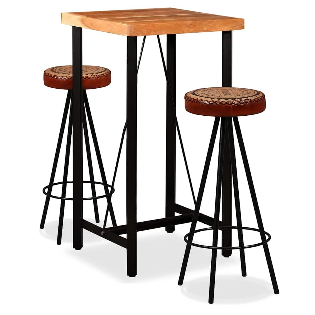 Ensemble de mobilier de Bar en Bois d'acacia Massif avec tabourets en Cuir véritable et Toile pour Maison, Bar ou Restaurant, Style Industriel, Livraison Facile
