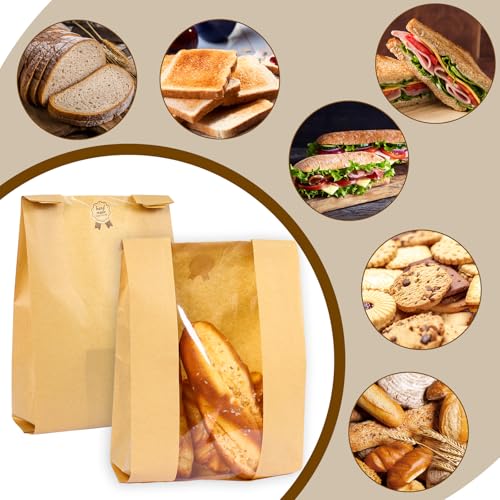 Moretoes Large Paper Bread Bags for Homemade Bread, 50Packs Sourdough Bread Bags with Window Includes Label Seal Stickers for Baked Food Packaging Storage (13.7x8.3x3.5 Inch), Brown