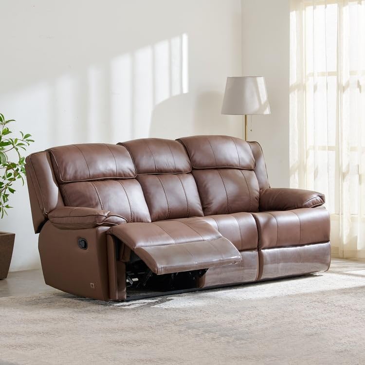 Image of Home Centre | Torino Half Leather 3-Seater Recliner Set | Recliner Sofa for Living Room | Solid Wood | Brown | 2 Year Warranty