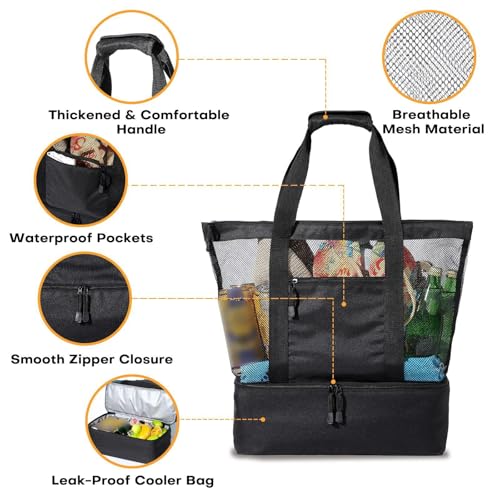 Mesh Beach Tote Bag Organizer Insulated Cooler Bag for BBQ Summer Hiking Travel 15.75x18.11 Inch- Black2