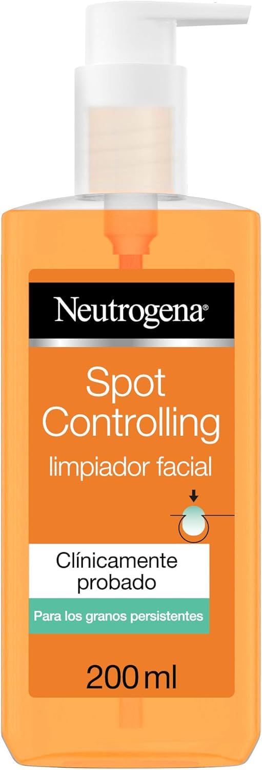 Neutrogena Spot Controlling Limpiador Facial (1 x 200 ml), gel limpiador facial con ácido salicílico para piel propensa al acné, jabón facial para los granos persistentes