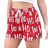 Yasala Christmas Women Board Shorts Xmas Ho Ho Ho Snowflake Red Beach Swimwear Bottoms 3.7' Inseam S-XXL