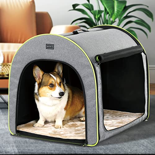 Petsfit Hundebox faltbar für große Hunde, Hundebox für Zuhause Hundeschlafbox Transportbox Hund haltbar gemütlich Zimmerkennel Hund mit Anti-offener Reißverschluss und Plüschkissen, L, Hellgrau