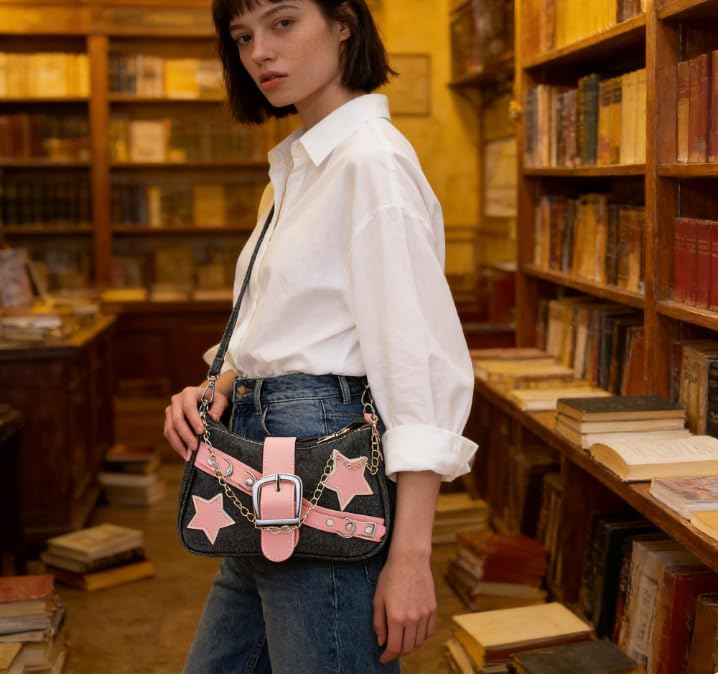 Bolsas femininas elegantes Y2K, bolsa de ombro pequena com 2 alças e estampa de estrelas, bolsa de mão macia casual nas axilas para uso diário, Preto