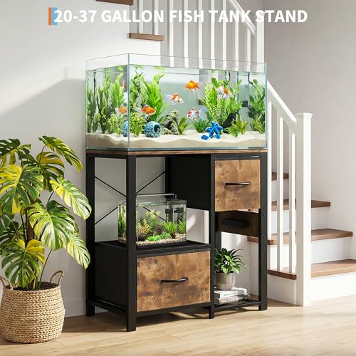 Image of Garvee 20-29 Gallon Fish Tank Stand with Power Outlets, Heavy Duty Metal and Wood Aquarium Stand with 4-Tier Open Storage Shelves and Sturdy Legs