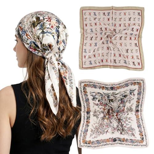 Image of SANNIDHI 2pcs Neck Head Scarf for Women Stylish Silk Hair Scarf Scarves with Vintage Prints for Sleeping, Hair Protection, and Multipurpose Styling (27.6x27.6n)