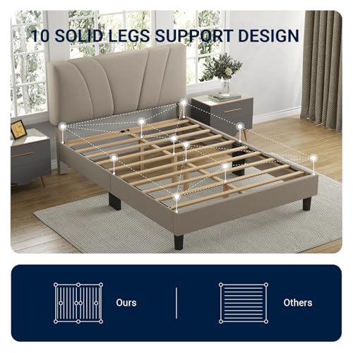 Avenco Queen Bed Frame, Upholstered Platform Bed Frame with Adjustable Headboard, Wood Slat Support, Easy Assembly, No Box Spring Needed, Beige by Avenco - Image 4
