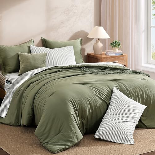 Image of Monbix Full Size Comforter Sets-7 Pieces Soft Bed in a Bag Full Bedding Set | All Season Olive Green Prewashed Comforter Bed Set with Striped Sheets, Pillowcases & Shams