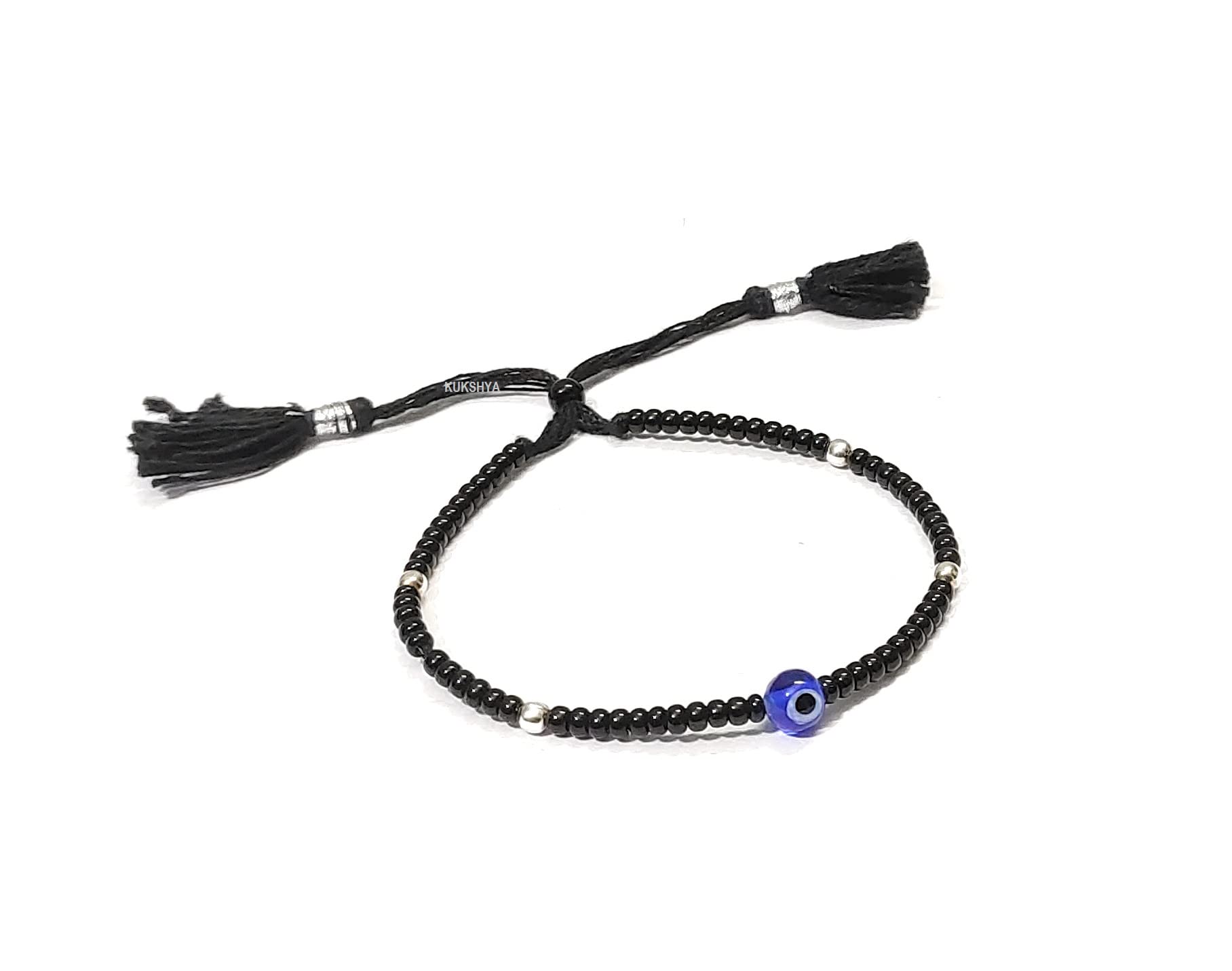 KUKSHYAJEWELLERS 925 Sterling Silver Ball + Evil Eye Charm Black Thread Bracelet Nazariya Adjustable For Girls, Men, Boys And Women