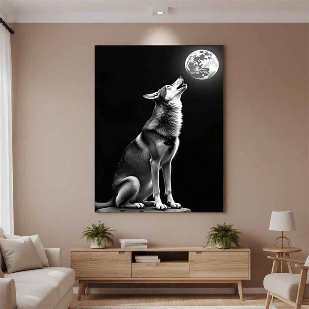 Trdmcfbn Lone Wolf Moon Wall Decor, Black Background Canvas Print, Wolf Full Moon Portrait Wall Art(50x70cm/No frame)
