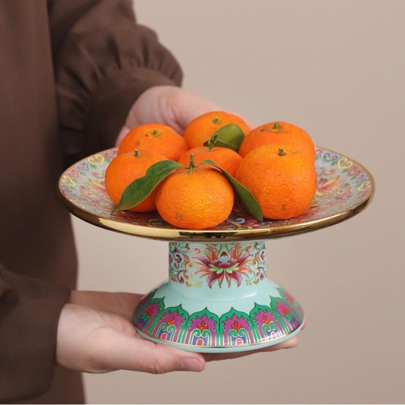 Enamel Colored Chinese Fruit Plate High Foot Ceramic Snack Tea Dim Sum