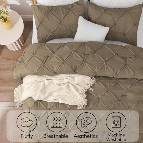 Image of BEDELITE Queen Comforter Set Light Brown,Lightweight & Soft Comforter | Pintuck Boho Bedding, Warm & Cute Bed Set for All Season,With 2 Pillowcases