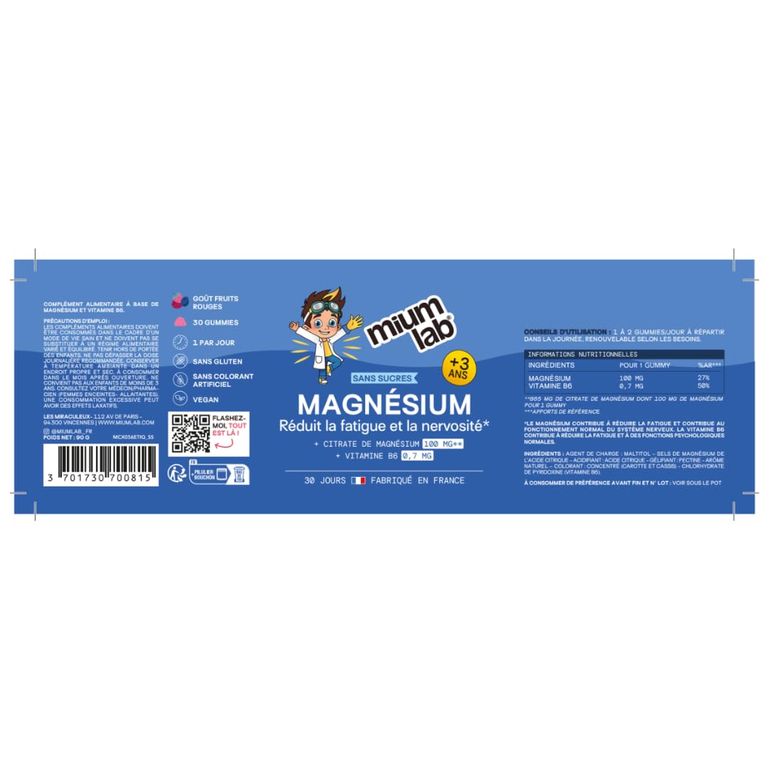 MIUM LAB – Gummies Magnésium Enfant 100mg Citrate + Vitamine B6 – Système Nerveux, Fatigue & Fatigue – Complément Alimentaire Enfants – Sans Sucres – Fruits Rouges – 30 Jours - Lot de 3
