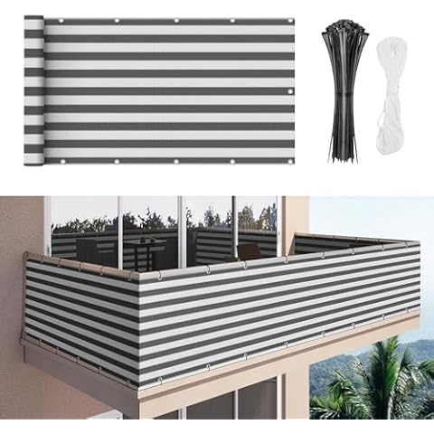 Duerer Balcony Screen Privacy Fence Cover 3' x 16.5' Anthracite White Fence Netting Mesh Shade Cloth Fabric UV Protection for Apartment Balcony Railing Outdoor, Backyard, Patio, with Cable Ties Rope Cover