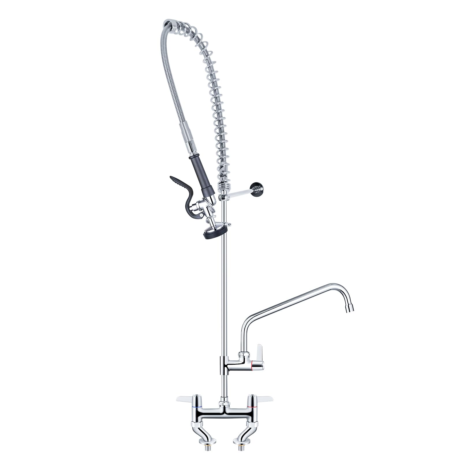 MOOTACO Commercial Kitchen Pre-Rinse Spray Tap, Adjustable Foot 12“ Double Pedestal Pull Out Flexible Hose Sink Kitchen Wall-Mount Tap(4-8inch Adjustable Center)