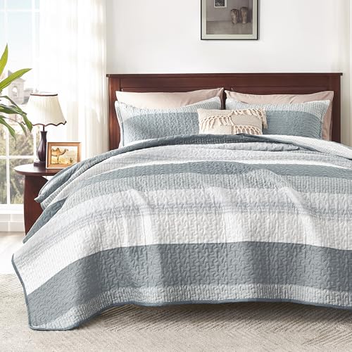 Image of Andency Grey Striped Quilt Set Cal King(104x112Inch), 3 Pieces (1 Quilt and 2 Pillowcases) Patchwork Bedspread Coverlet Set, Soft Lightweight Quilted Bedding Set