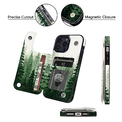 Image of uCOLOR Compatible with iPhone 12 /12 Pro 6.1 Inch Wallet Case with Card Holder, Folio Flip PU Leather Kickstand Card Slots Design Case, Double Magnetic Clasp and RFID Blocking Cover 6.1 inch(Green Forest)