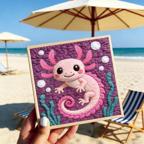 Image of BEUNITONE Pink Axolotl Punch Needle Kit for Adults Beginners, Complete DIY Craft Needlepoint Kits with Hoop, Punch Needle Starter Craft Embroidery Set for Handmade Decor & Stitching Projects 9.4X9.4 inch