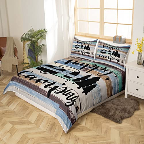 Happy Camping Bedding Set Farmhouse Brown Blue Wood Barn Comforter Cover Set for Kids Teens Bedroom Decor RV Camper Travelling Duvet Cover Microfiber Breathable Bedspread Double Size - Image 3