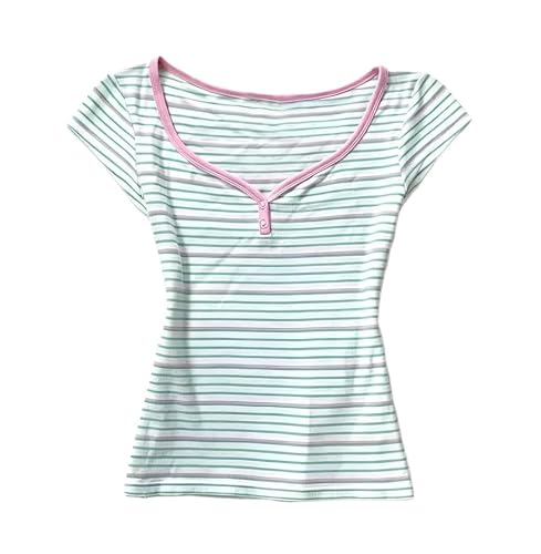 Y2K Striped T-Shirt Women Vintage Ribbed Henley Slim Fit Baby Tee | V Neck,Pastel Colors,Soft Lightweight Ribbed, Breathable,Daily Casual Streetwear - Small - Pastel Striped