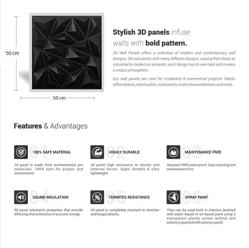 Image of 3D Wall Panels Black Colour I Diamond Stone Design I Embossed and Paintable I Panel Size 20 inch X 20 inch I Pack of 12 Panels I Wall Covering Area 33.06 Sq.Ft. (PVC)