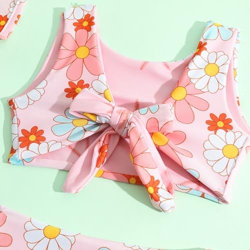 Bikini para niñas reversible de cintura alta con lazo y sombrero para el sol 6
