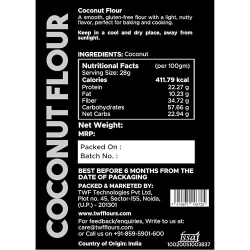 Image of TWF Coconut Flour | 500g | Stone Ground | Gluten Free | Low Carb Coconut Powder | Supports Keto Diet | Paleo Friendly | Chemical Free | Ideal for Baking | Nariyal Powder | Grain Free | 100% Natural Nariyal