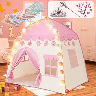 Labeol Princess Castle Play Tent Kid Play Tent Large Kids Play House for Indoor and Outdoor with Cotton Ball Lights Princess Crown Magic Wand Safety Non-toxic Great Gift for Girls 130*100*130
