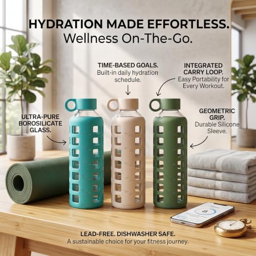 Image of purifyou 40oz / 32oz / 22oz / 12oz Borosilicate Glass Water Bottle with Time & Volume Markers, Silicone Sleeve, Stainless Steel Lid | Reusable Glass Bottle for Water & Juice (40oz Jet Black)