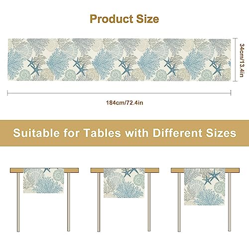 Image of Coastal Beach Tablecloth,Sea Animals Starfish Summer Theme Nautical Sea Shells Satrfish Theam,Summer Ocean Home Decor for Table Dining Room Kitchen,Blue,13x72 inch