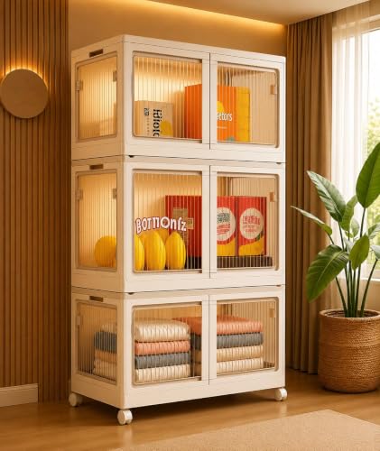 Image of 3 𝐏𝐀𝐂𝐊 Plastic Rack for Storage Cabinet with Wheels | Multipurpose Shelf Storage Services Almirah Wardrobe for Clothes, Kitchen Cupboard | Plastic Organizer with Transparent Doors