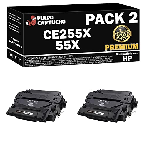 Pulpo Cartucho - Toner CE255X Premium Negro Compatible con HP CE255X Premium/Ref. 55X - Pack 2 - Valido para Laserjet P3010, P3011, P3015, Pro M521, Enterprise 500 M525, P3015, Managed Flow M525