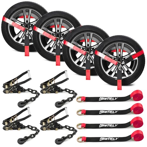 Car Tie Down Straps 2" x 8ft, 4 Pack Heavy Duty Ratchet Straps with Chain Anchors for Trailer, Truck & Auto Hauler, Lasso Wheel Tire Straps, 9900 lbs Break Strength,Red by Nestilly - Used condition - CA$64.02