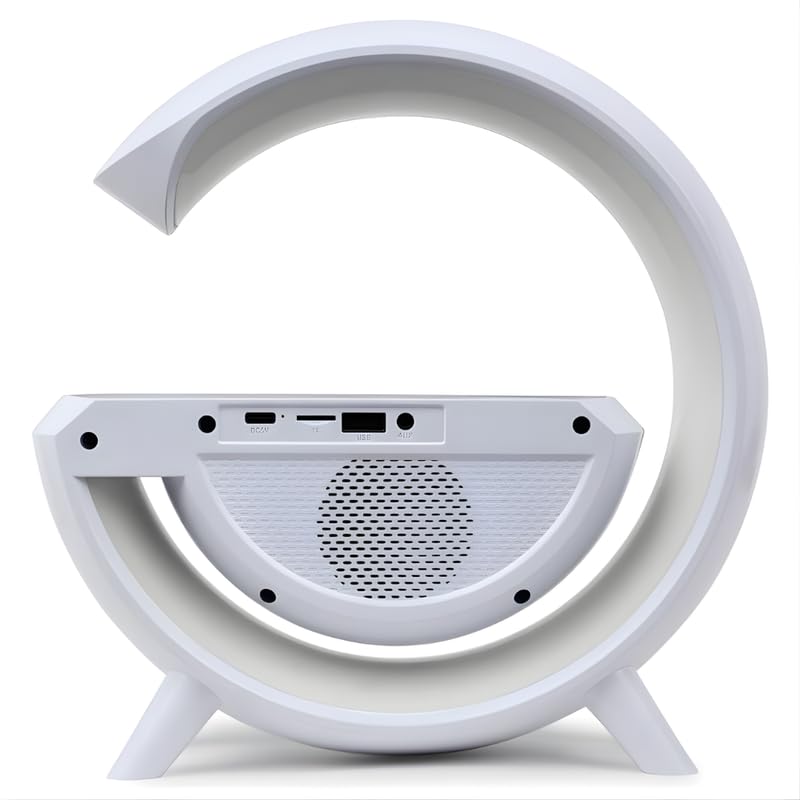 Image of Elevea 𝟏𝟓 𝐘𝐞𝐚𝐫𝐬 𝐆𝐮𝐚𝐫𝐚𝐧𝐭𝐞𝐞 wireless Bluetooth speaker with RGB lighting, USB SD playback, wireless phone charging dock, compact G-shaped design, perfect music charging combo for bedroom