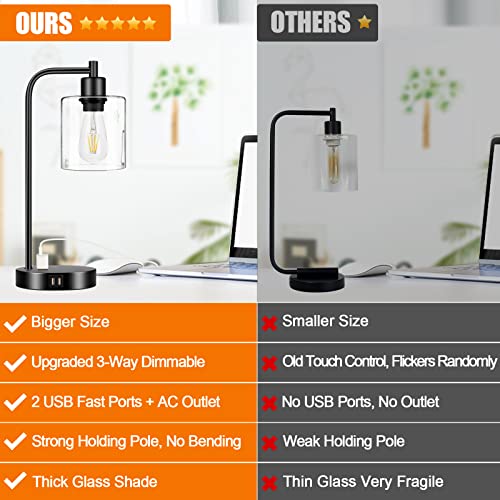 Industrial Touch Control Table Lamps Set Of 2 - Black Bedside Lamps With 2 Usb Ports And Ac Outlet, 3-Way Dimmable Nightstand Desk Lamp For Bedroom Living Room, Glass Shade & 2 Led Bulbs Included #TOP1