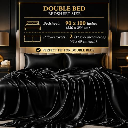 Image of SOFT SOULS Satin Bedsheet with Pillow Covers for Couples, Valentine's Day, Girlfriend, Boyfriend, Husband, Wife, or a Romantic Wedding First Night (Black, Double)