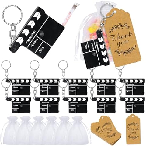 Herdear Movie Night Party Favors Director Clapboard Tape Measure Keychain Thank You Tag Organza Gift Bag for Movie Theatre Party Supplies Wedding Birthday Film Cast Party Decor(12 Sets) Cover