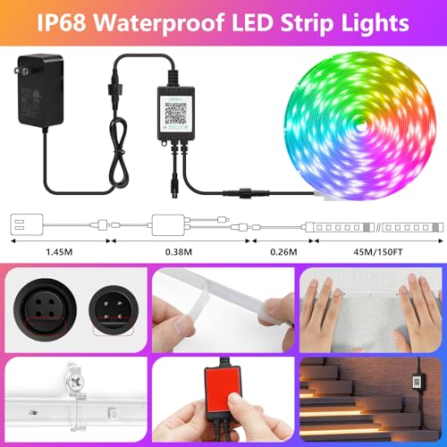 Image of 150Ft Outdoor LED Strip Lights,IP68 Waterproof Color Changing RGB LED Light Strips with IR Remote and APP,24V Music Sync Led Rope Lights,Flexible Outdoor DIY Tape Lights for Balcony Deck Garden-150ft