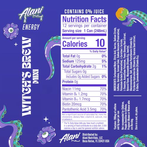 Alani Nu WITCHES BREW, Low Calorie Energy Drinks, 100mg Caffeine, Biotin, B Vitamins, Zero Sugar, 10 Calories or Less, 8 Fl Oz Cans, 12 Pack - image 4
