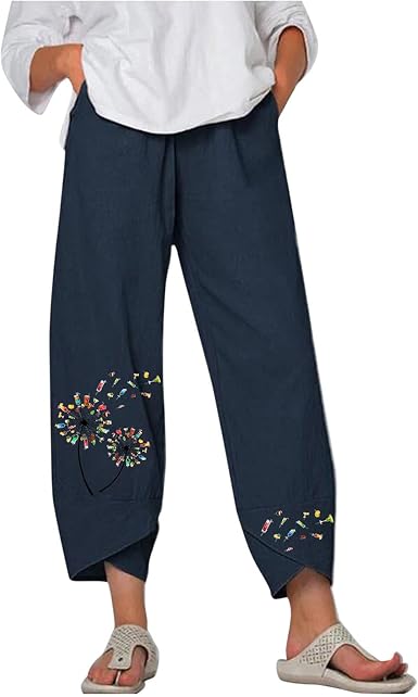 Amazon.com: ArchibaldLincoln Pantalones holgados de lino con estampado de flores  para mujer, cintura elástica, pantalones cortos : Ropa, Zapatos y Joyería