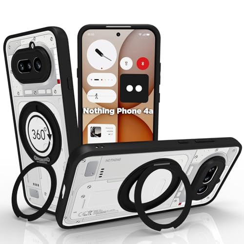 Image of RIGGEAR Shockproof Sleek Hybrid Armor 360 Rotating Magnetic Ring Stand Back Cover Case Compatible with MagSafe Accessories for Nothing Phone 4a 5G(Clear PC + Black TPU Bumper)
