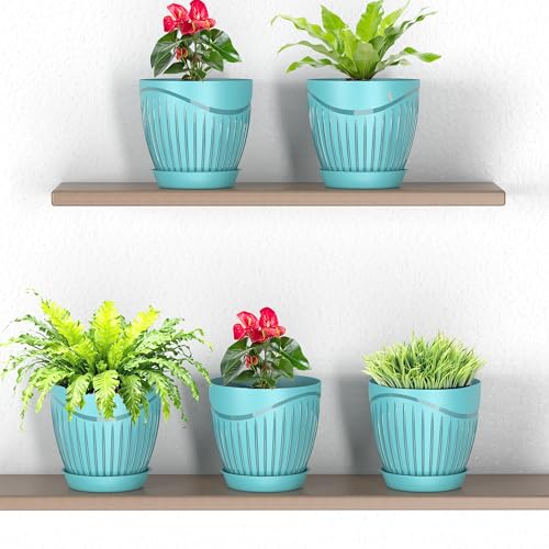 Image of ELUVIA Plastic Plant Pots with Drainage Holes and Trays - Set of 5 (6 Inch) - Minimalist Decorative Indoor Flower Pots for Living Room, Balcony & Office Garden (Blue)