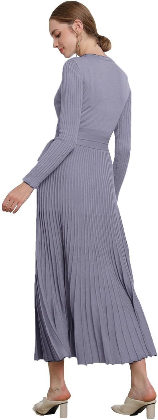 LOUSEA Women fit and Flare Sweater Dress tie Waist Pleated Dress Crewneck Knitted Dress - Image 2