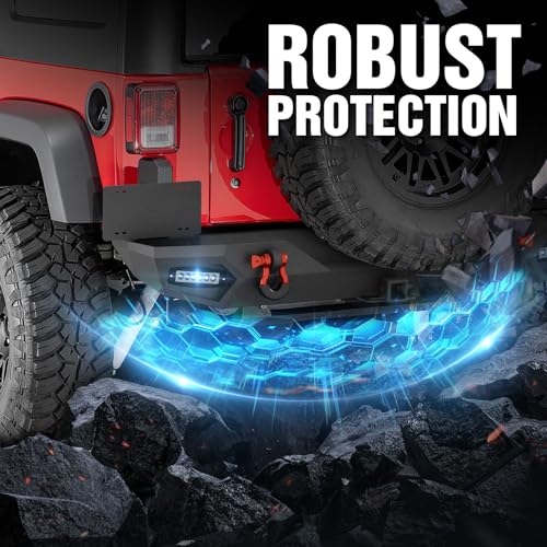 Image of YZONA for Wrangler JK JKU Rear Bumper Compatible with 2007-2018 Jeep Wrangler JK JKU with Spare Tire Carrier, LED Lights, 2 inch Hitch Receiver, License Plate Frame, Third Brake Light Bracket, D-Rings