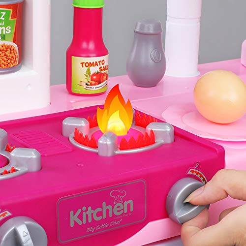 Temi Kitchen Playset Pretend Food - 34 PCS Kitchen Toys for Toddlers, Toy Accessories Set w/ Real Sounds and Light, Suitable Height (Pink)