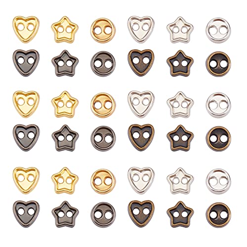 FINGERINSPIRE 240 Stück 4 Farben Mini-Metallknöpfe 4mm Herz & Stern & runde Legierungsknöpfe Mini-Knöpfe mit separatem Fach Box Kleine 2-Loch-Knöpfe für Puppenkleiderbeutel DIY Handarbeit