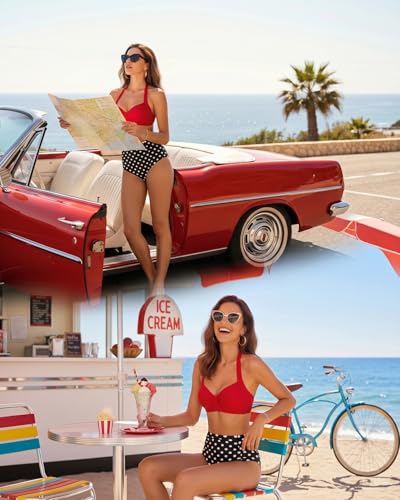 Image of Holipick Women High Waisted Bikini Set Two Piece Swimsuit Tummy Control Bathing Suit Vintage Halter Swimwear