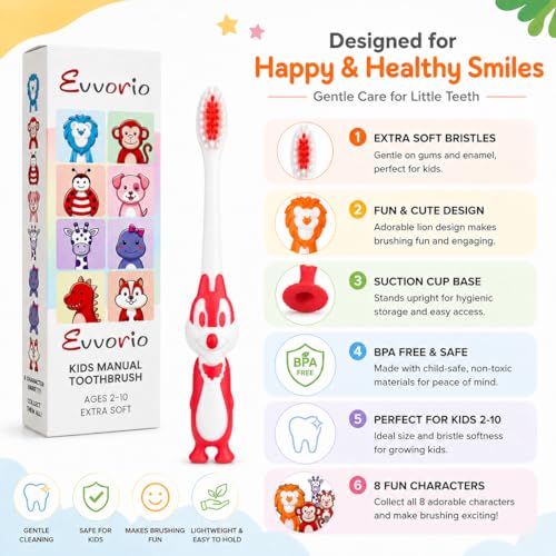 Image of Toothbrush for Kids with Ultra Soft Bristles for Oral Cleaning, Suitable For 2-12 Years Toddlers, Fox Design, Red, Pack of 1