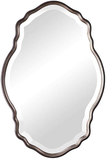 Spinner Norris Antique Silver Champagne Mirror | Oval Wall Mirror Finished in Antiqued Silver Champagne with Dark Bronze Outer Edge 22 W x 33 H x 1 D Oval Mirror