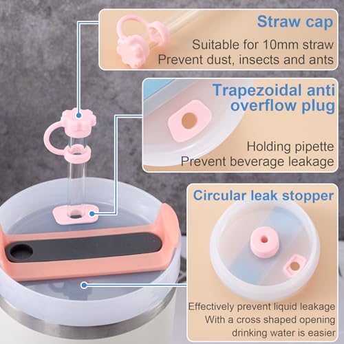 Image of HINZIC 3 Sets Spill Stoppers for 40oz Stanley Quencher H2.0, Silicone Straw Cover Cap 10mm, Square Leak Proof Lid and Round Lid Spill Plug, Blue White Pink Drinking Cup Accessories for Women